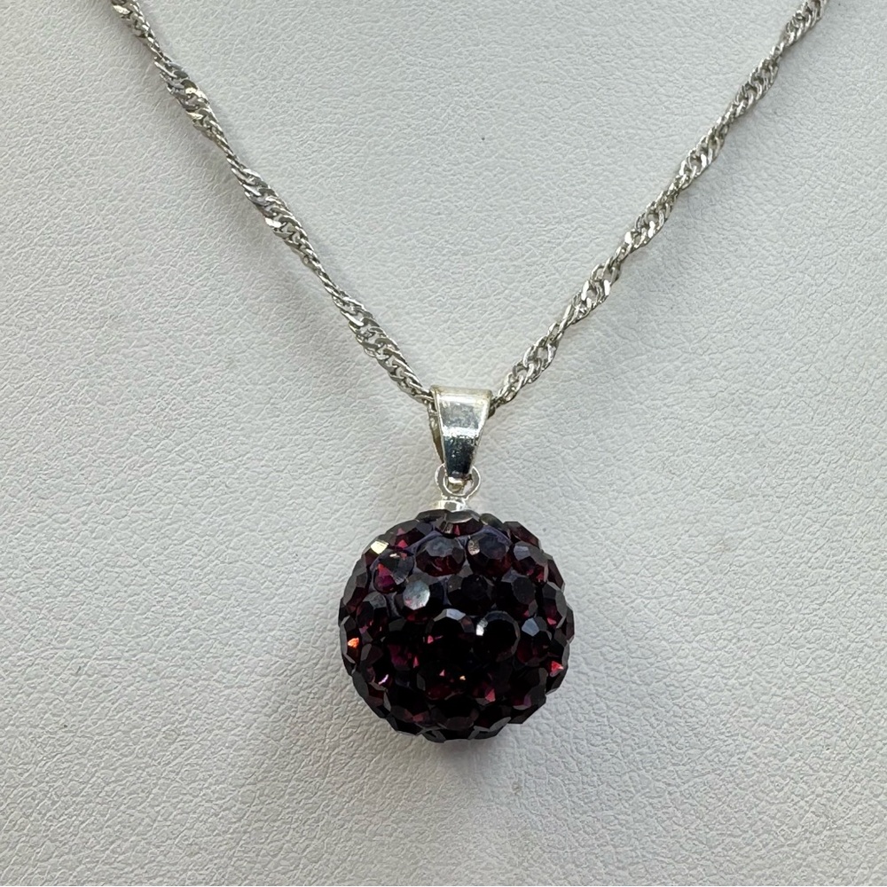 New Garnet Color Crystal Ball Pendant Necklace 18”